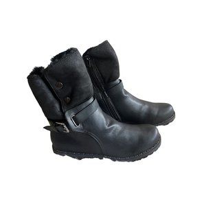 Women Black Leather Cozy Winter Boots  Camel Crown Platform Round Toe Size 8 New